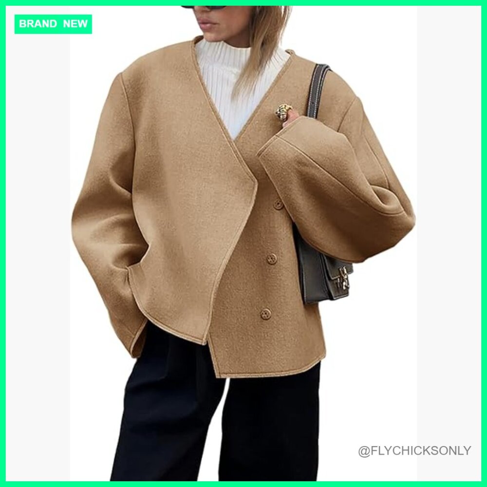 Cropped Wool Blend Pea Coat with V-Neck and Single Breasted Front - Picture 1 of 7